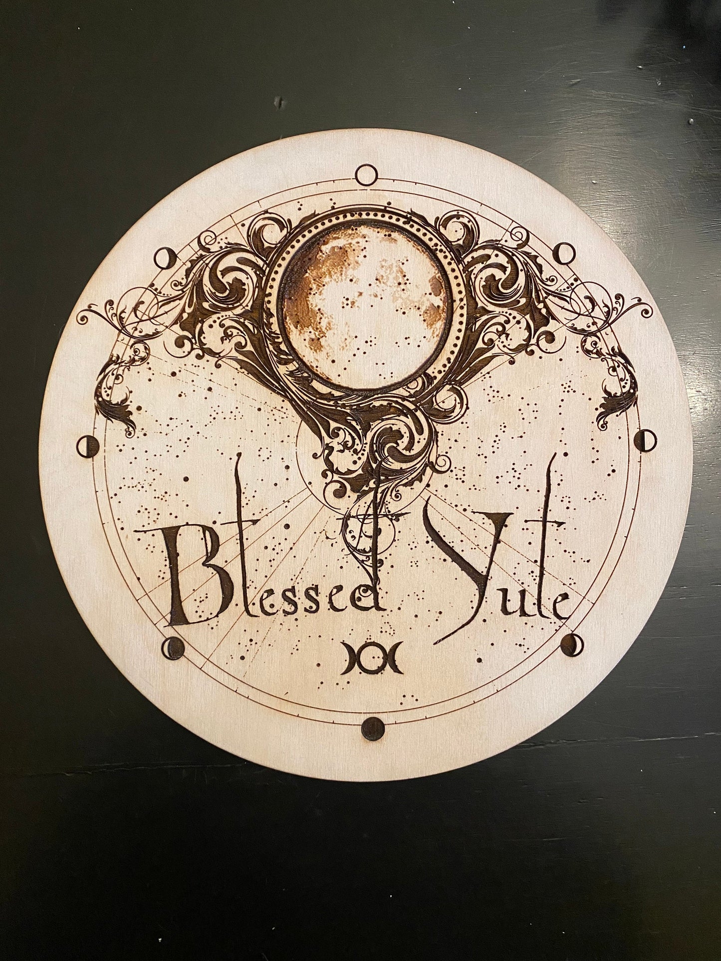 Wiccan Sabbats with Triple Goddess symbol and celestial map wood engraved decor(Beige).