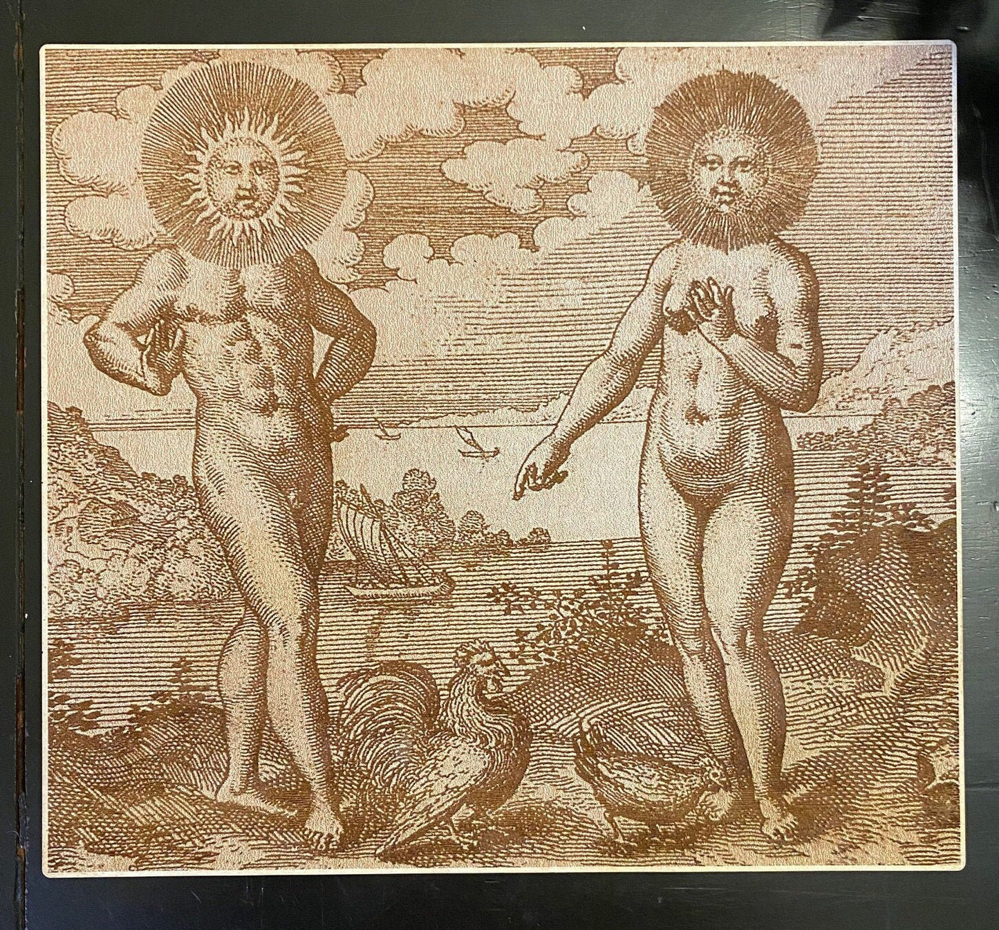 Reproduction of M. Maier's 1618 Mysticism artwork "The Sun Needs the Moon, Like the Cock the Hen"