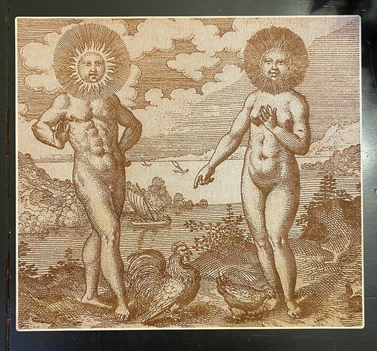 Reproduction of M. Maier's 1618 Mysticism artwork "The Sun Needs the Moon, Like the Cock the Hen"