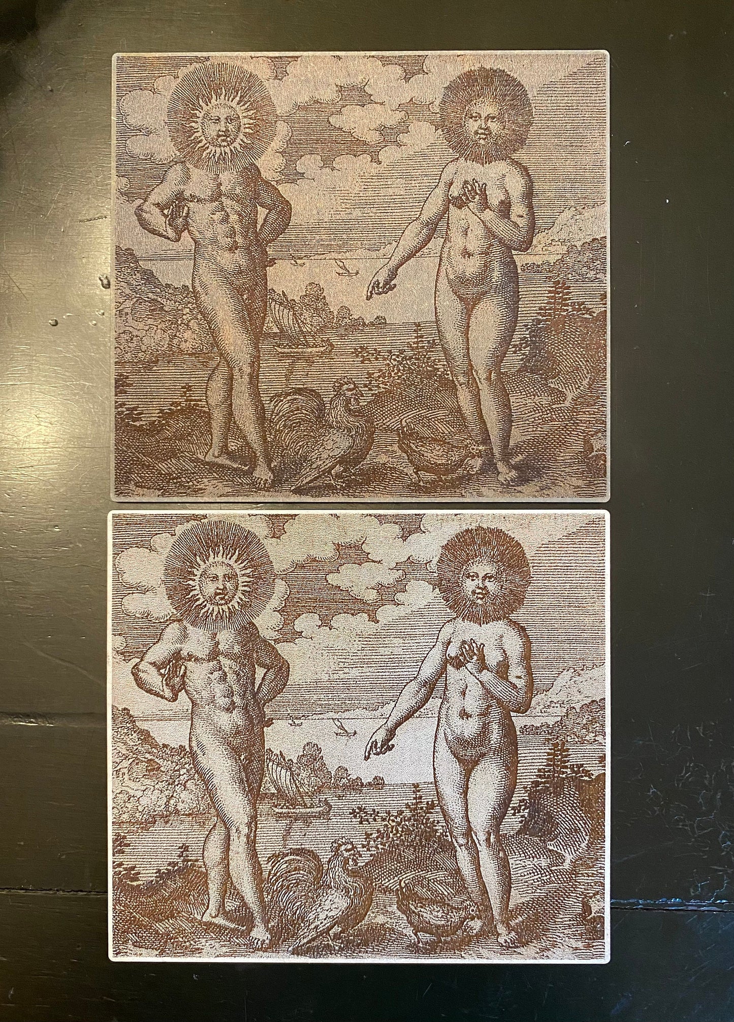 Reproduction of M. Maier's 1618 Mysticism artwork "The Sun Needs the Moon, Like the Cock the Hen"