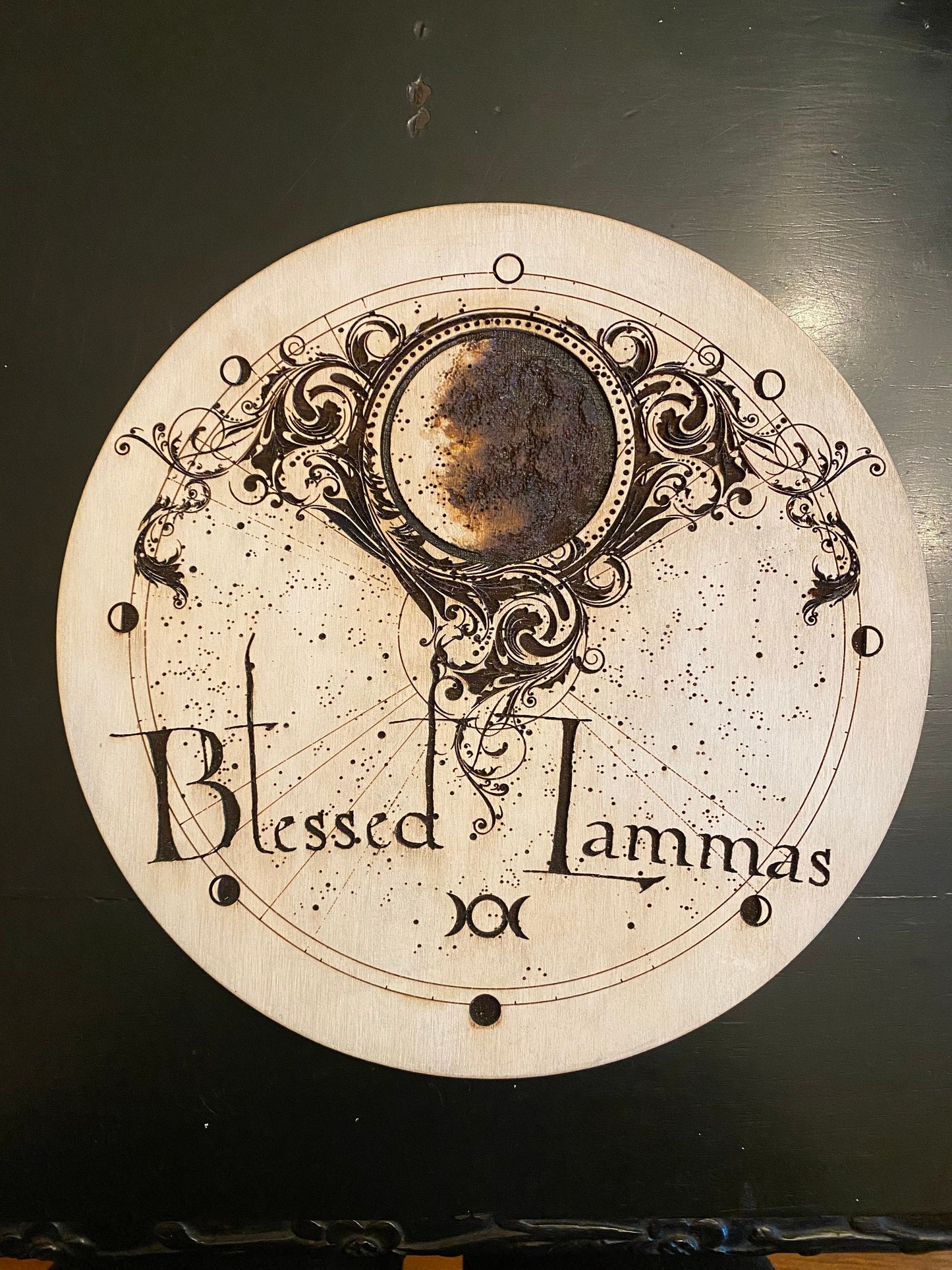 Wiccan Sabbats with Triple Goddess symbol and celestial map wood engraved decor(Beige).