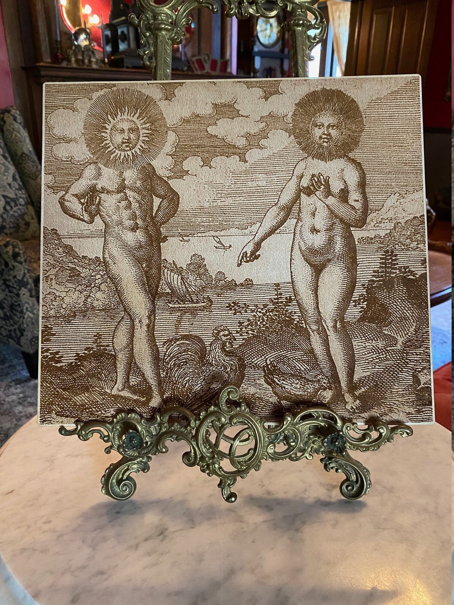 Reproduction of M. Maier's 1618 Mysticism artwork "The Sun Needs the Moon, Like the Cock the Hen"