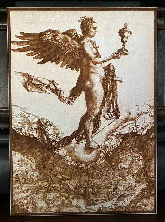 Albrecht Dürer's "Eve and her Nemesis" wood carved plaque on Baltic birch.