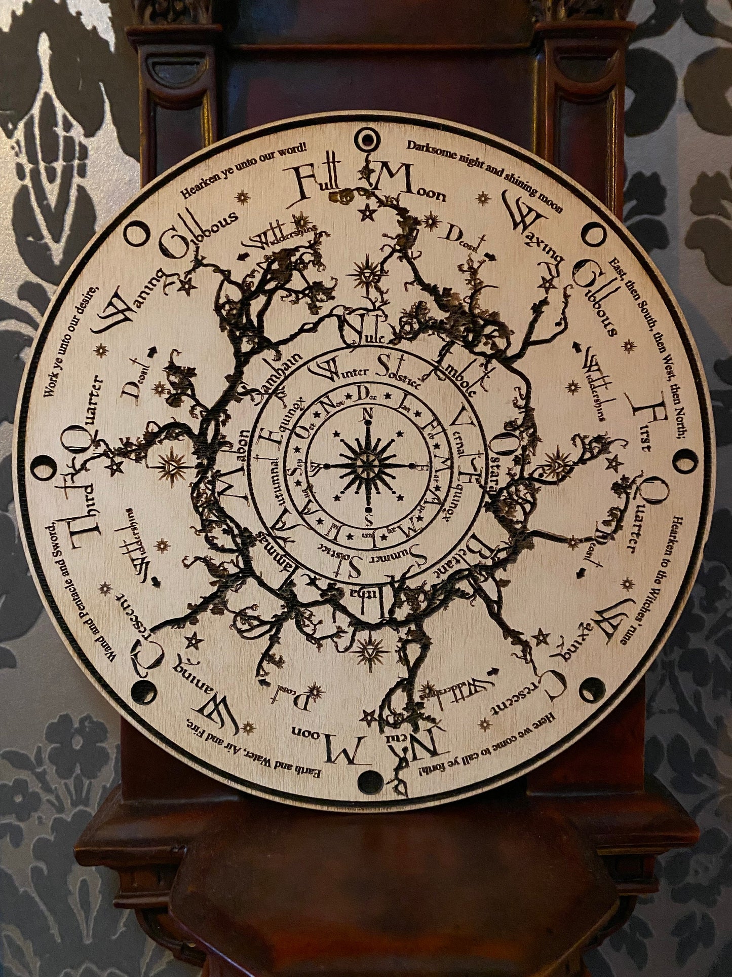 Wheel of the Year engraved and hand finished altar tile with Lunar phases and incantation (Aged white).