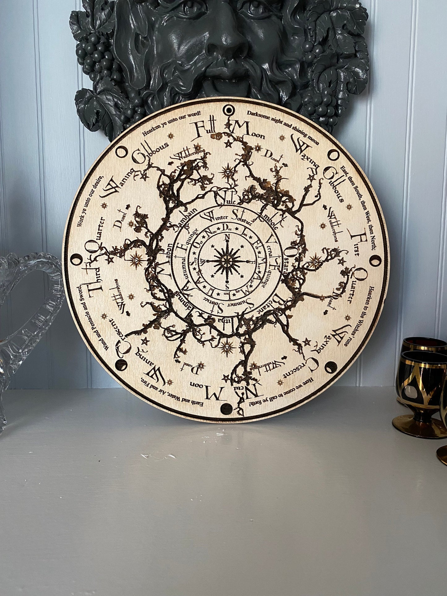 Wheel of the Year engraved and hand finished altar tile with Lunar phases and incantation (Aged white).