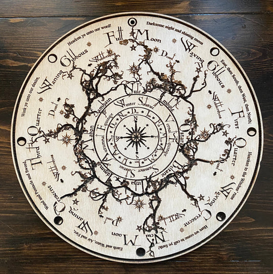 Wheel of the Year engraved and hand finished altar tile with Lunar phases and incantation (Aged white).