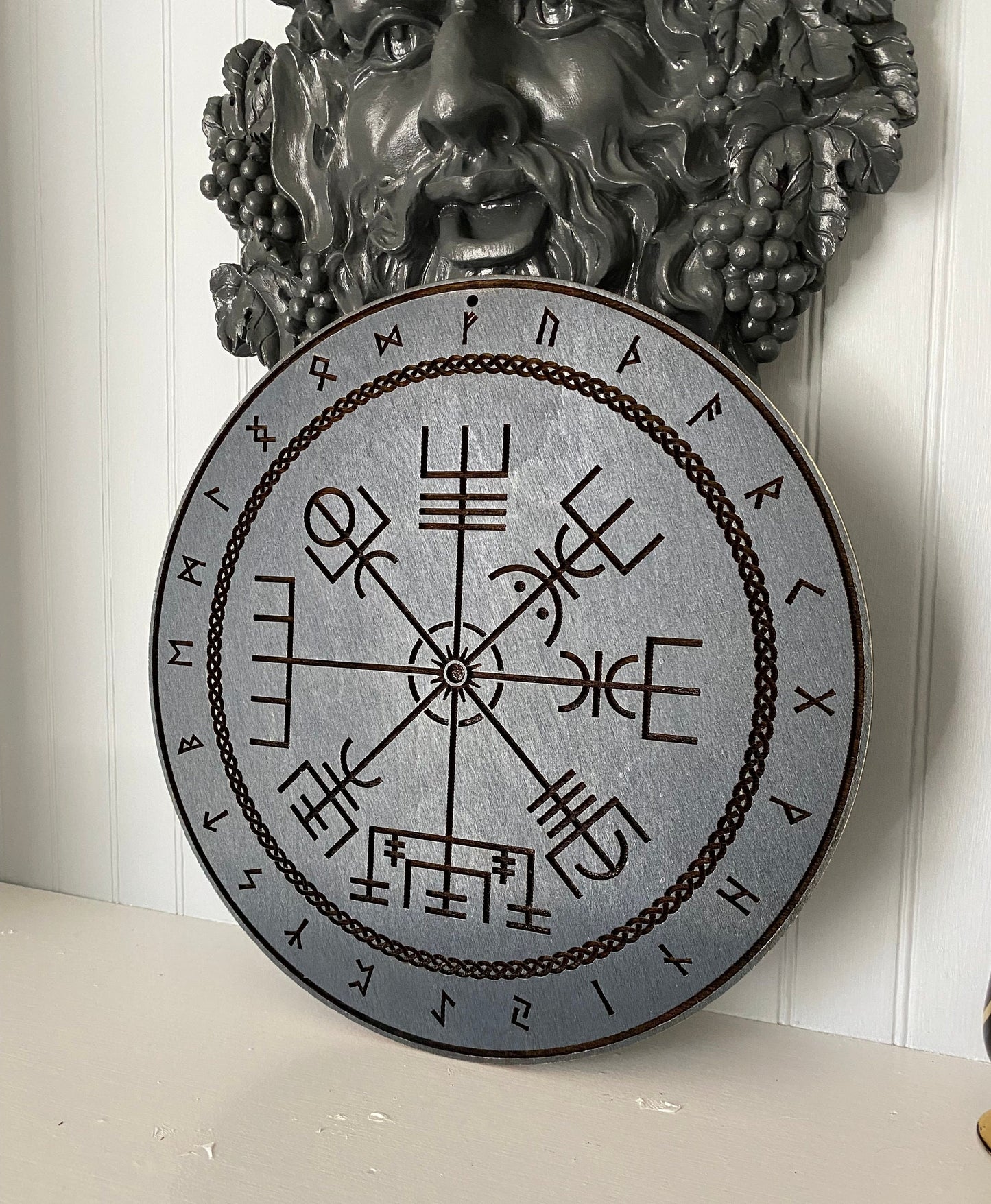 Vegvísir engraved runic compass, hand finished altar tile (Celestial Blue).