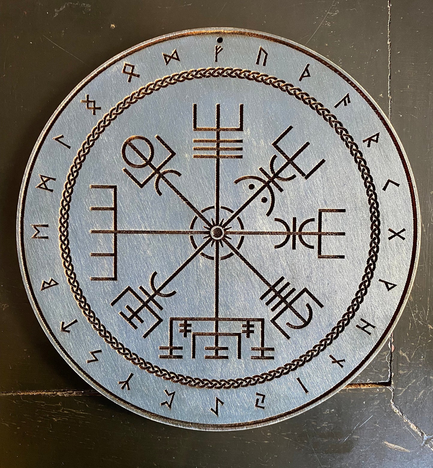 Vegvísir engraved runic compass, hand finished altar tile (Celestial Blue).