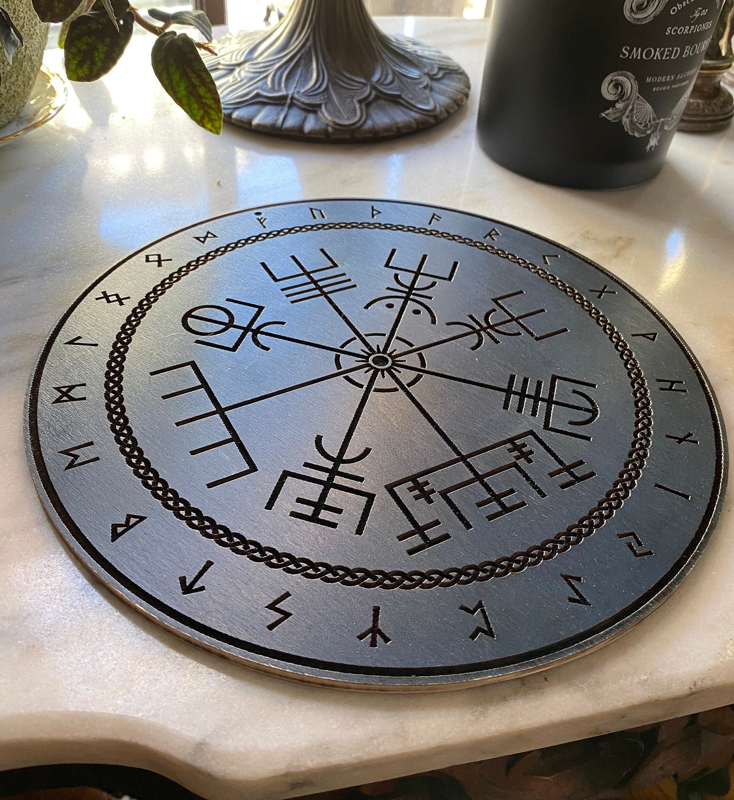 Vegvísir engraved runic compass, hand finished altar tile (Celestial Blue).