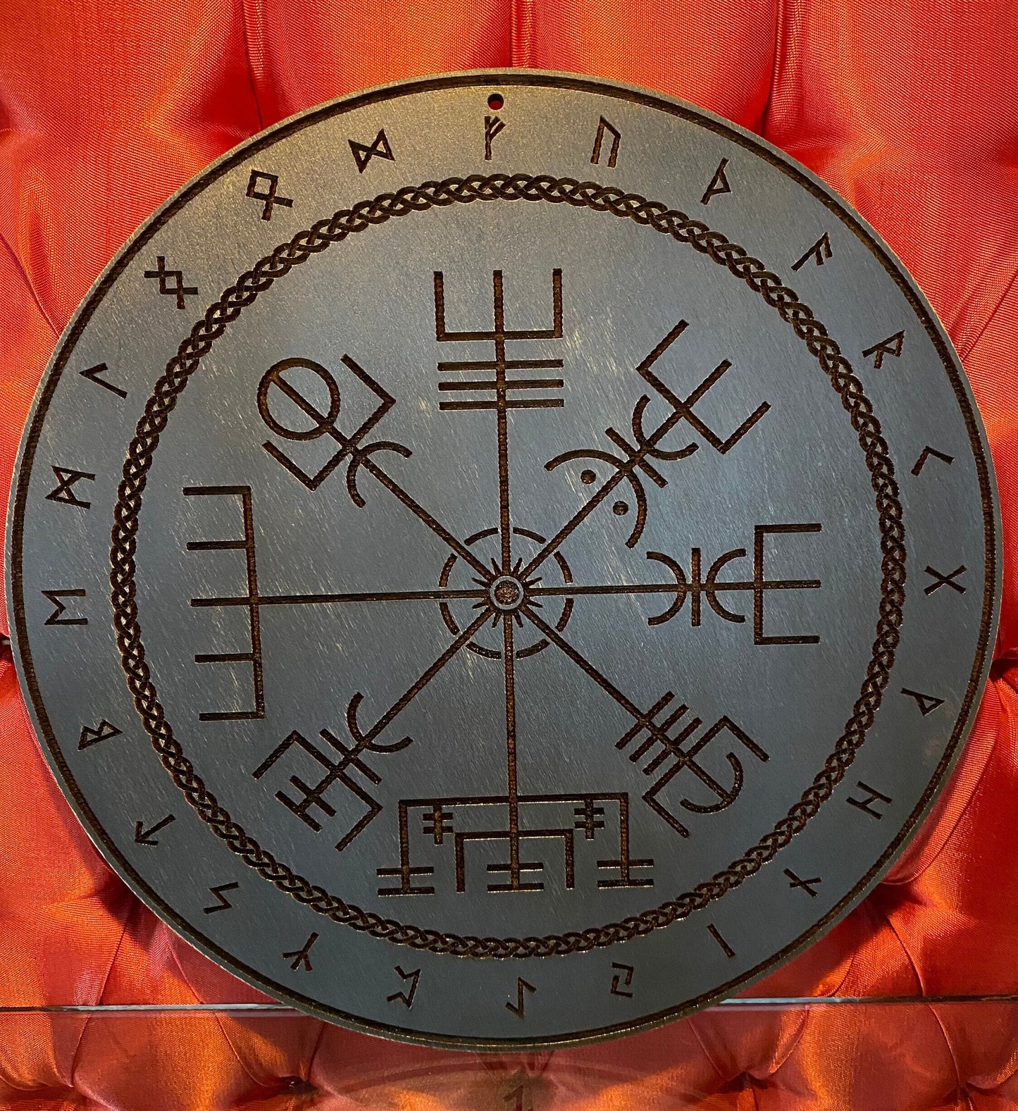 Vegvísir engraved runic compass, hand finished altar tile (Celestial Blue).