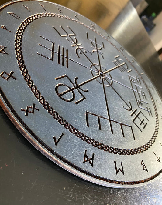 Vegvísir engraved runic compass, hand finished altar tile (Celestial Blue).