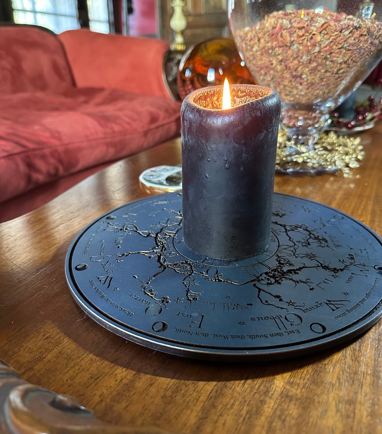 Wheel of the Year engraved and hand finished altar tile with Lunar phases and incantation (Celestial blue).