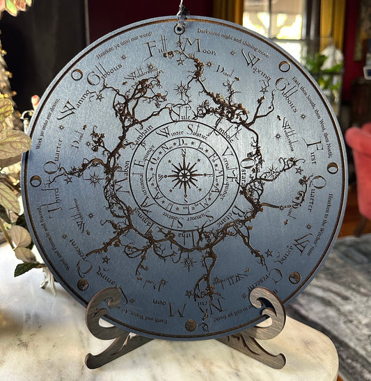 Wheel of the Year engraved and hand finished altar tile with Lunar phases and incantation (Celestial blue).