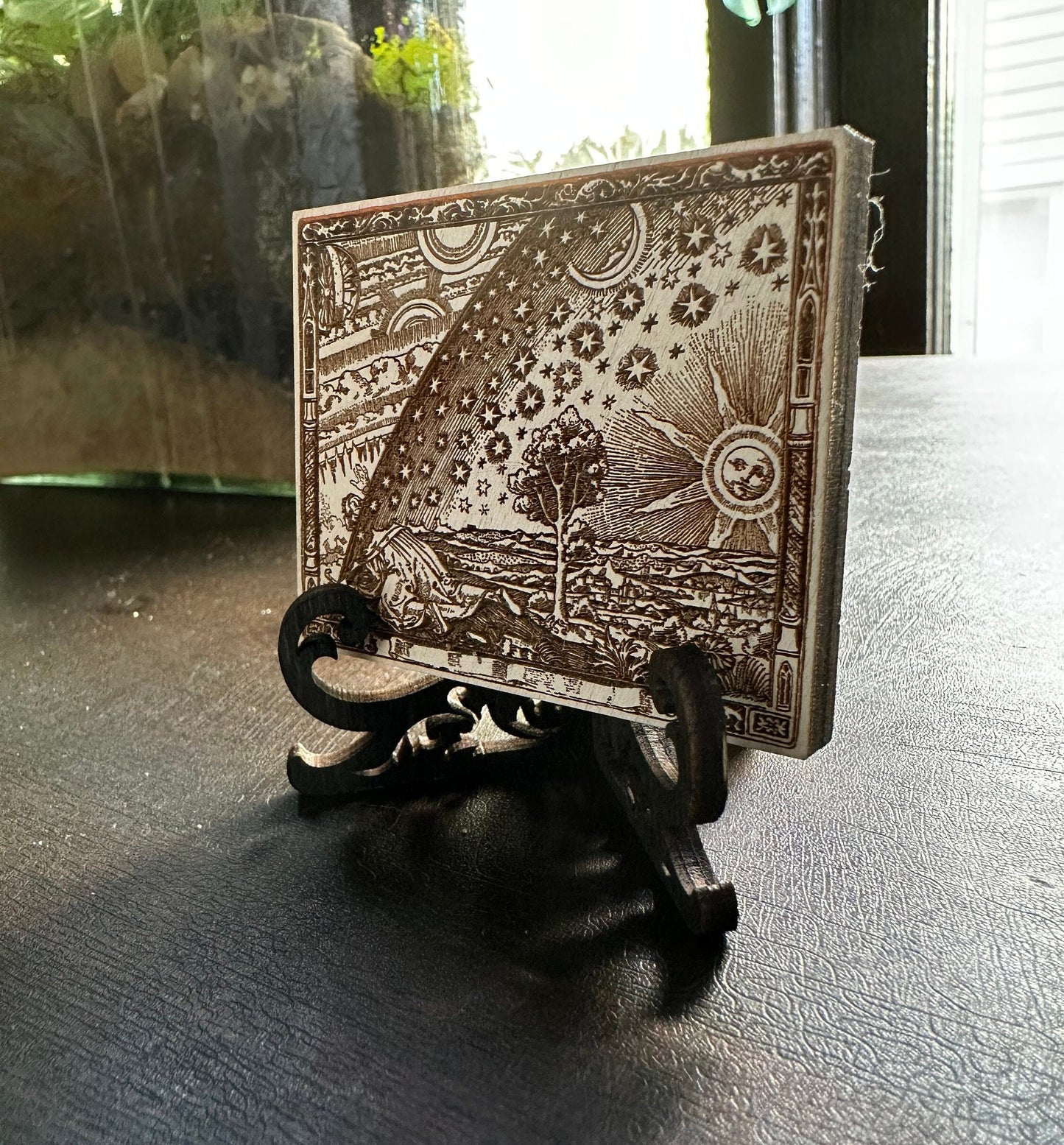 Flamarrion, wood carved mini plaque with mini easel.