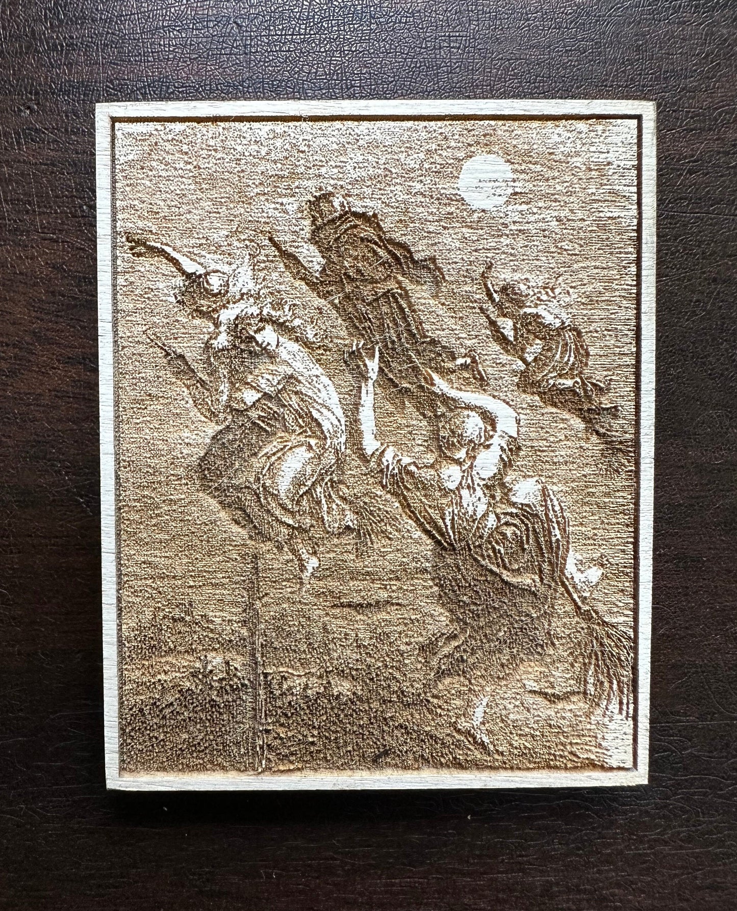 Witches flying, mini engraved plaque with mini easel.