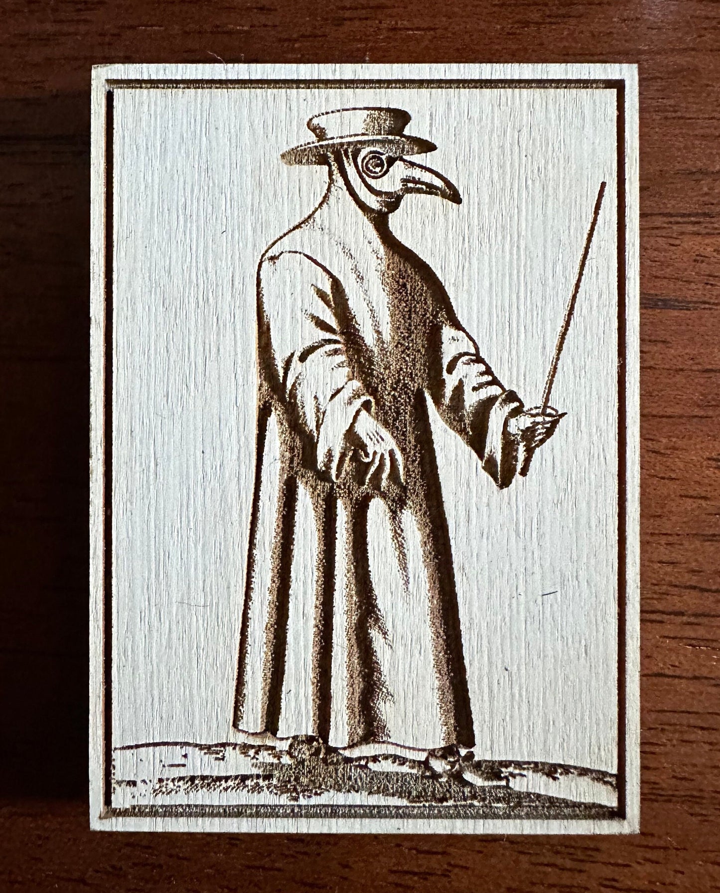 Plague Doctor mini engraved plaque with mini easel.