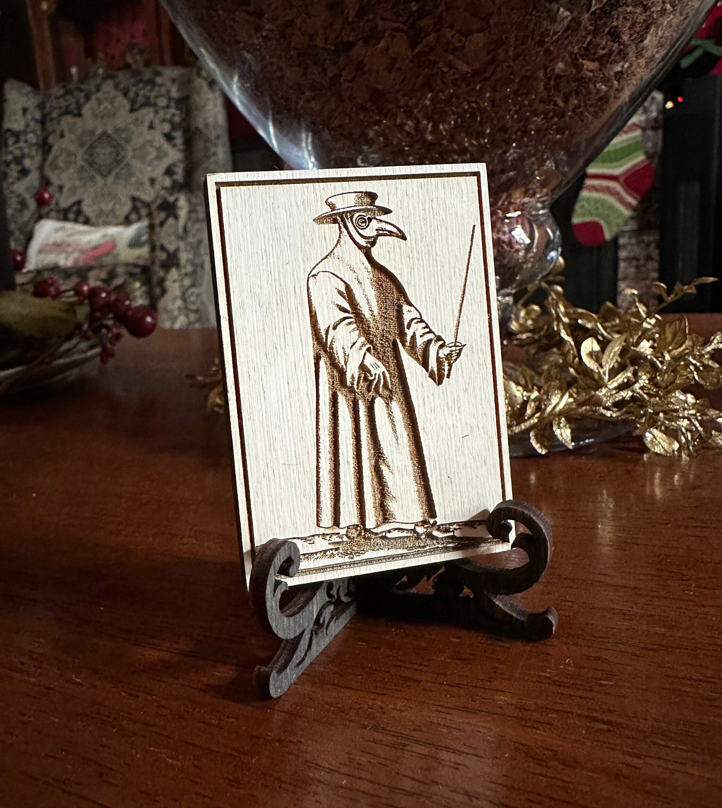 Plague Doctor mini engraved plaque with mini easel.