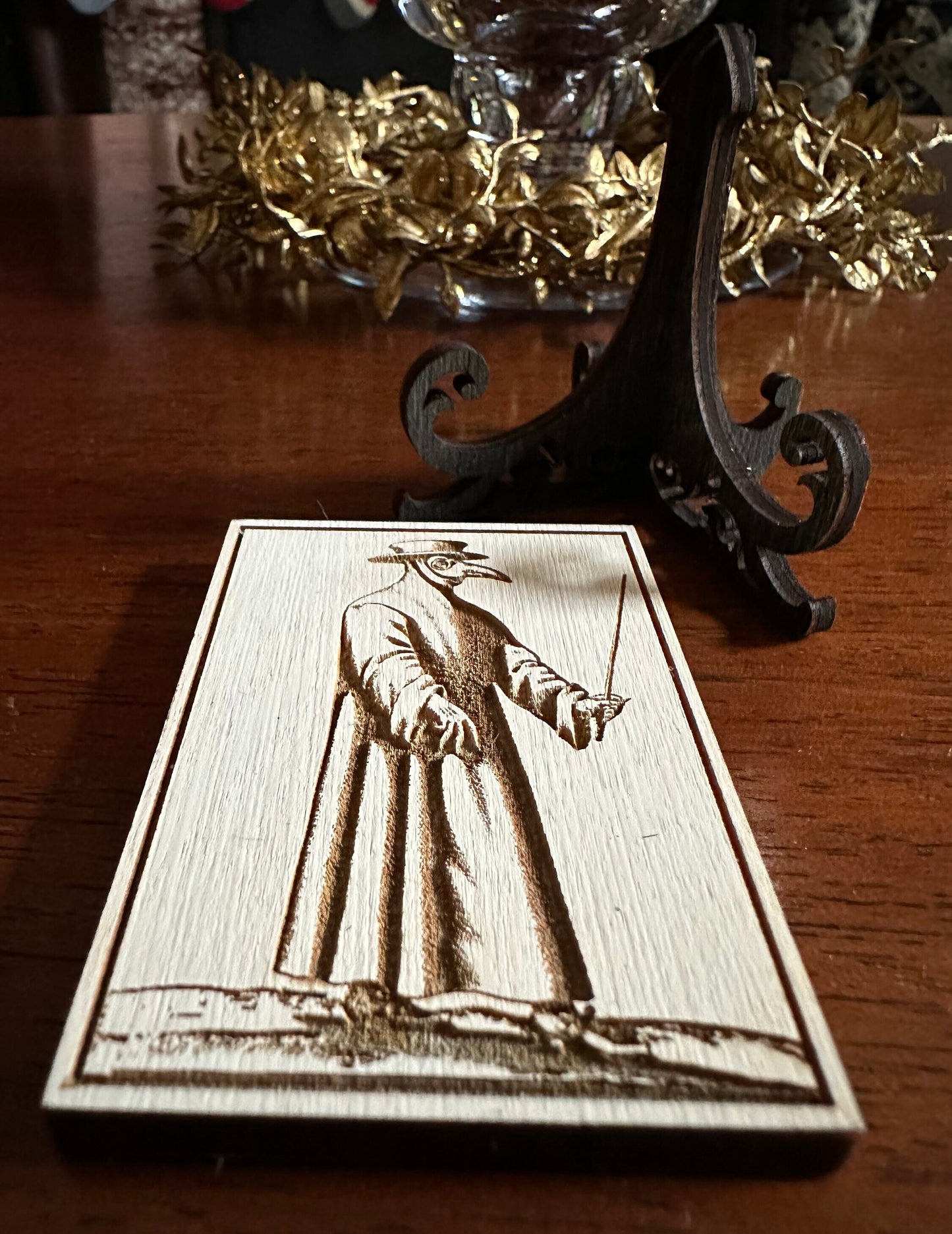 Plague Doctor mini engraved plaque with mini easel.