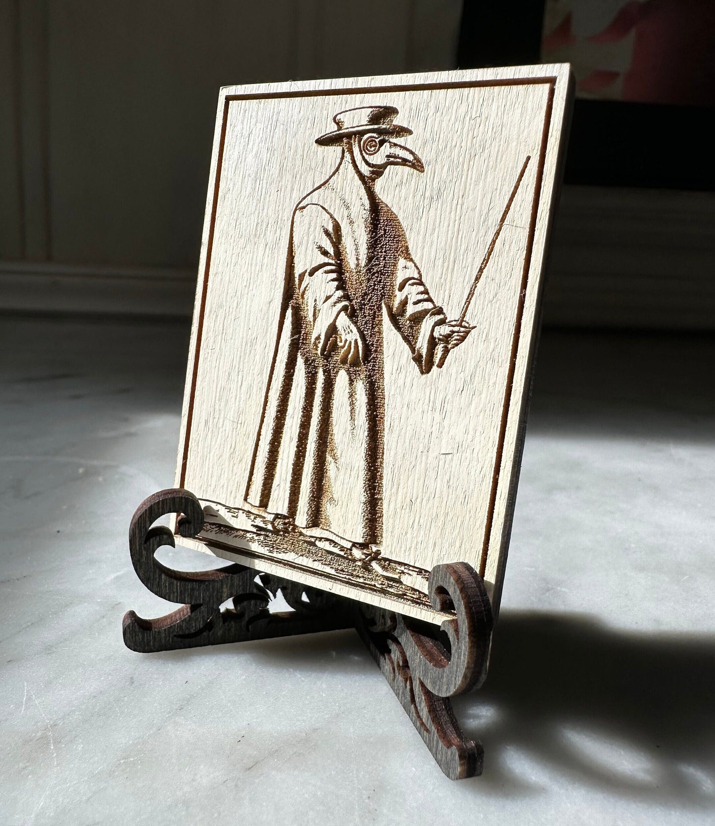 Plague Doctor mini engraved plaque with mini easel.