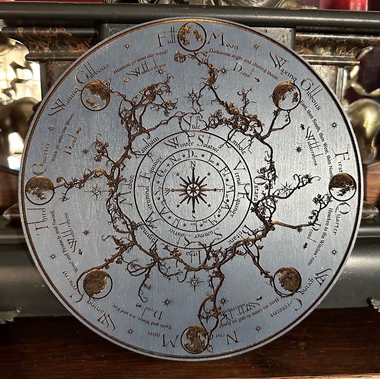 Wheel of the Year engraved and hand finished altar tile with Lunar phases and incantation (Celestial blue).