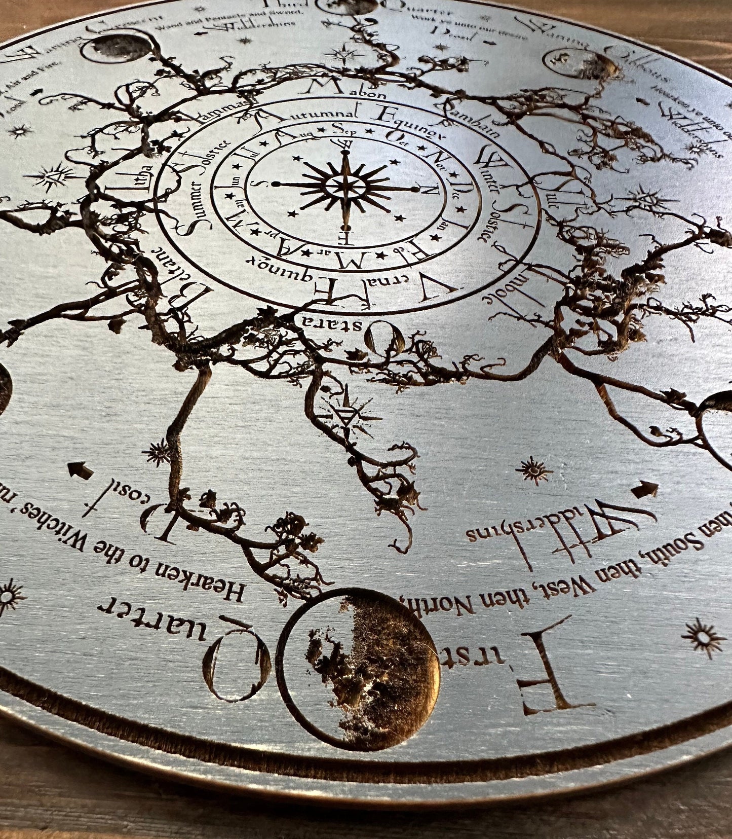 Wheel of the Year engraved and hand finished altar tile with Lunar phases and incantation (Celestial blue).