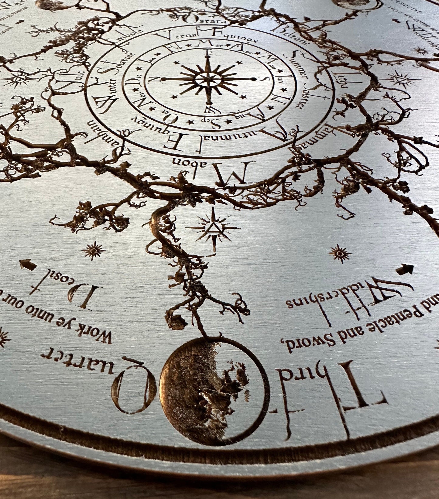 Wheel of the Year engraved and hand finished altar tile with Lunar phases and incantation (Celestial blue).