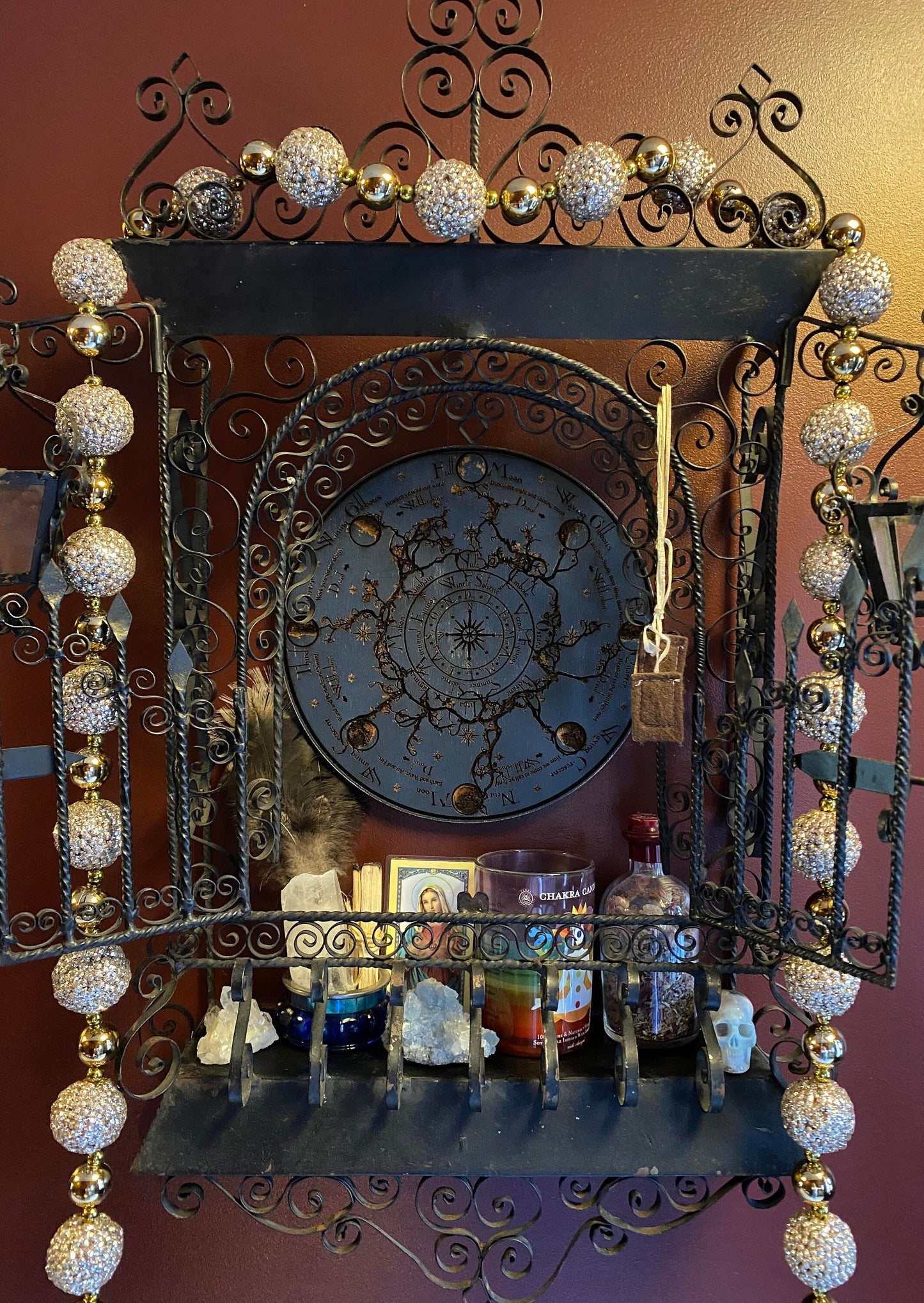 Wheel of the Year engraved and hand finished altar tile with Lunar phases and incantation (Celestial blue).