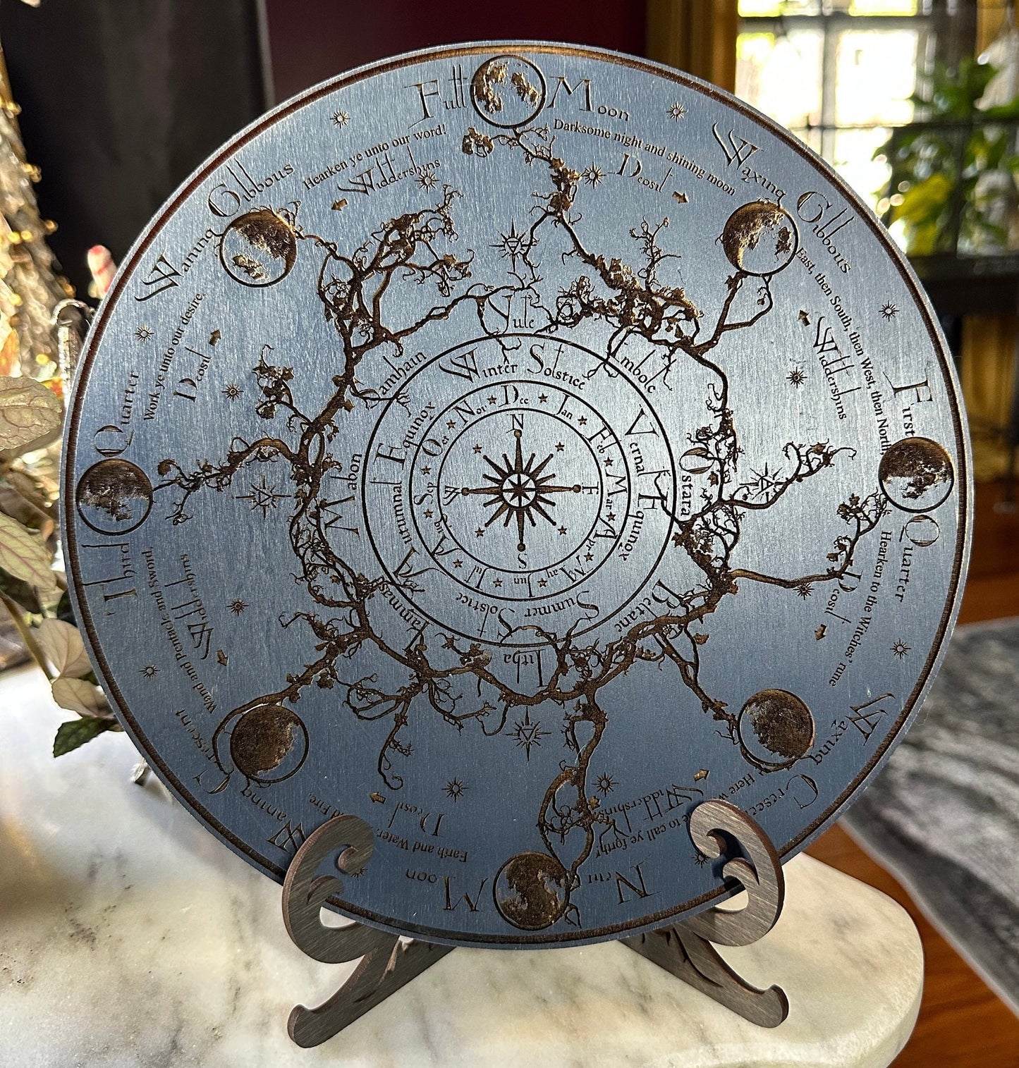 Wheel of the Year engraved and hand finished altar tile with Lunar phases and incantation (Celestial blue).