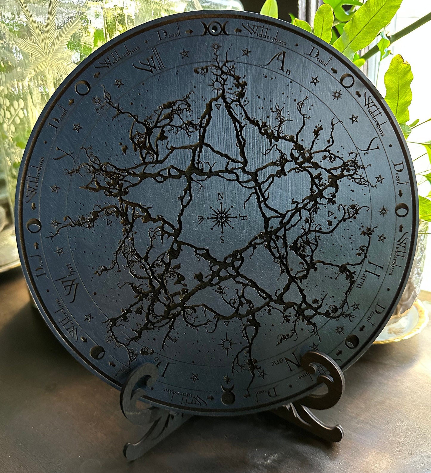 Wiccan Rede (Witches' rede) engraved and hand finished altar tile with Lunar phases, symbols & Rede (Celestial blue).