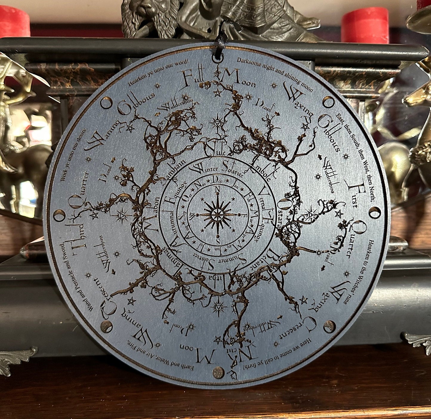 Wheel of the Year engraved and hand finished altar tile with Lunar phases and incantation (Celestial blue).