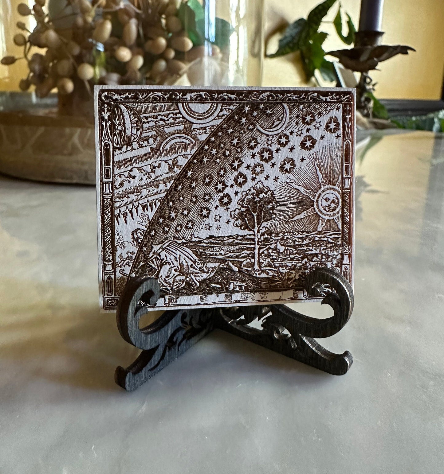 Flamarrion, wood carved mini plaque with mini easel.