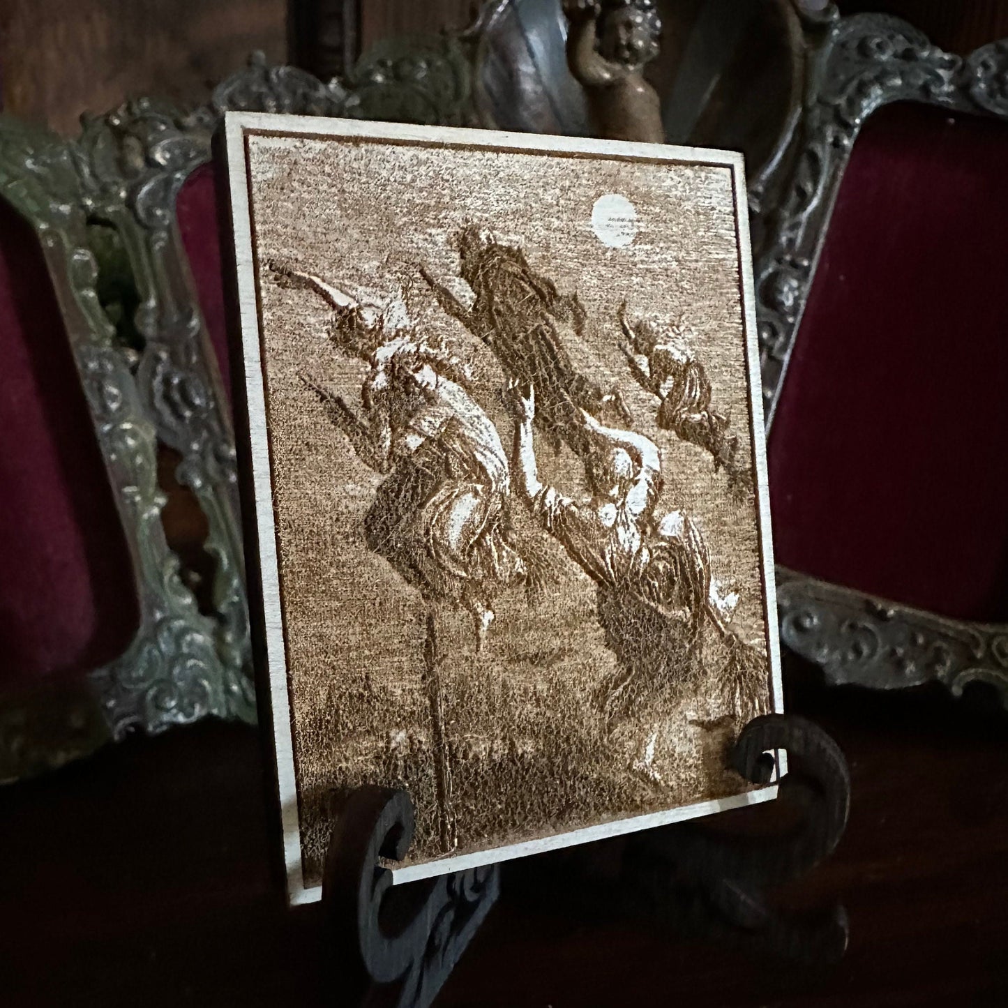 Witches flying, mini engraved plaque with mini easel.