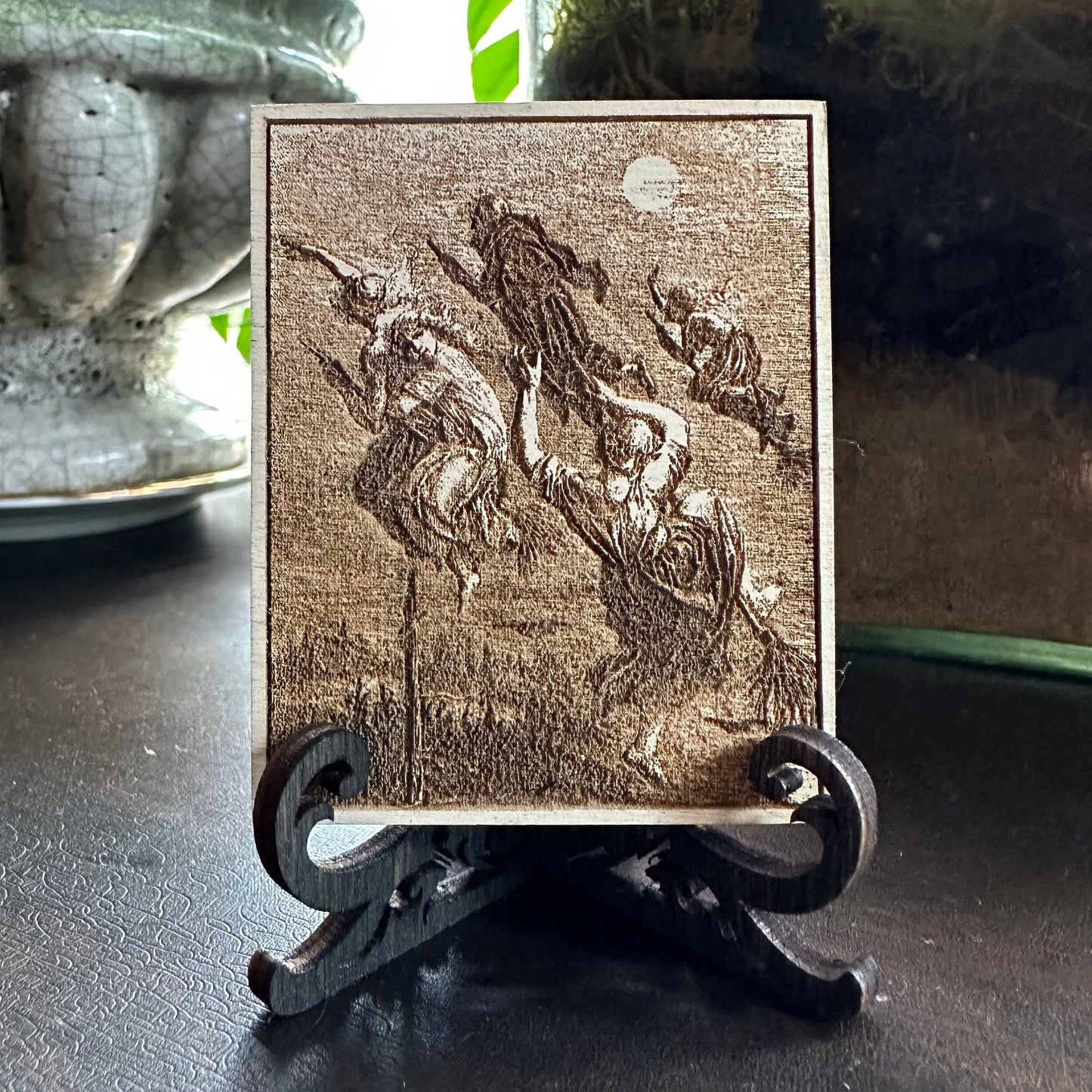 Witches flying, mini engraved plaque with mini easel.