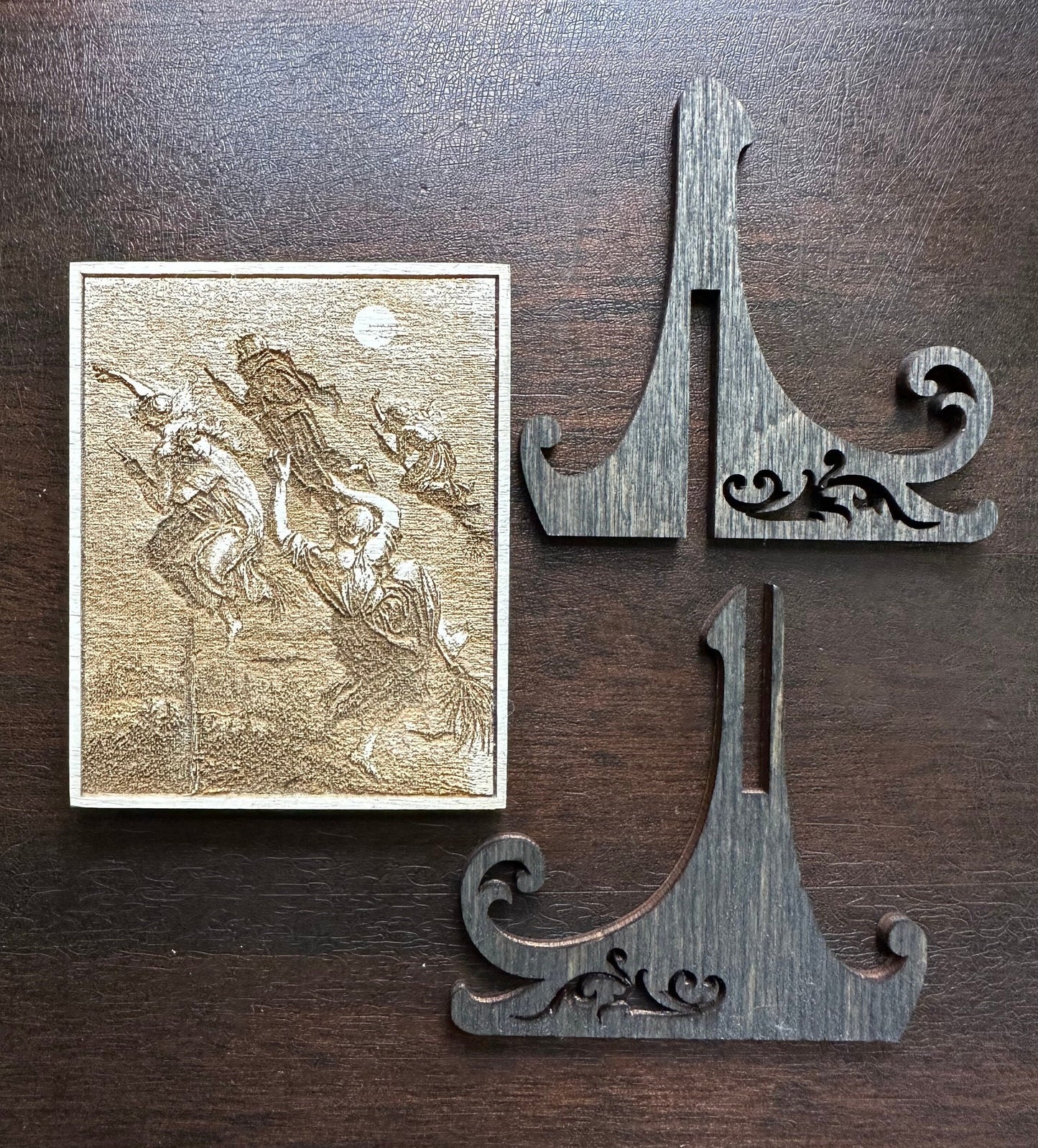 Witches flying, mini engraved plaque with mini easel.