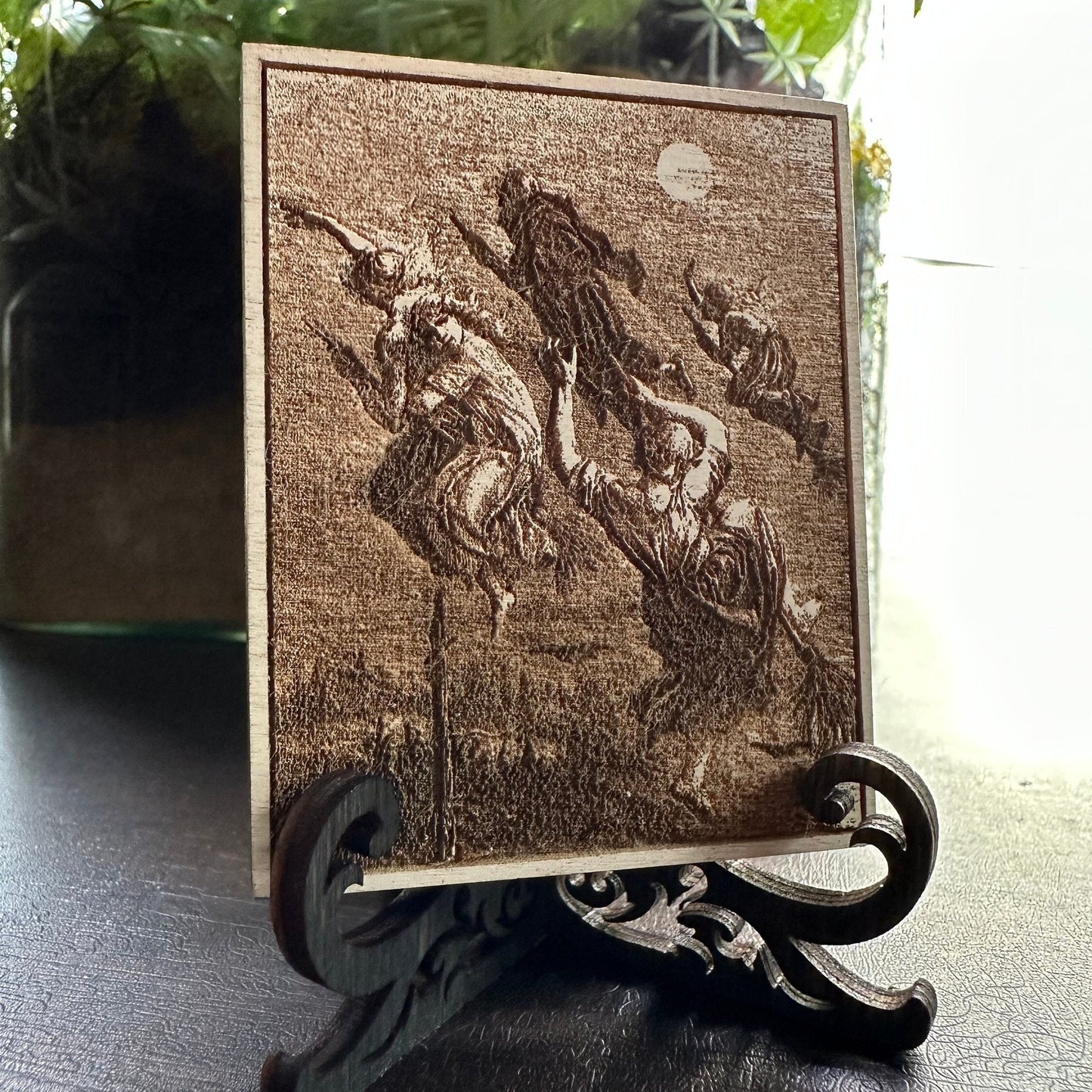 Witches flying, mini engraved plaque with mini easel.