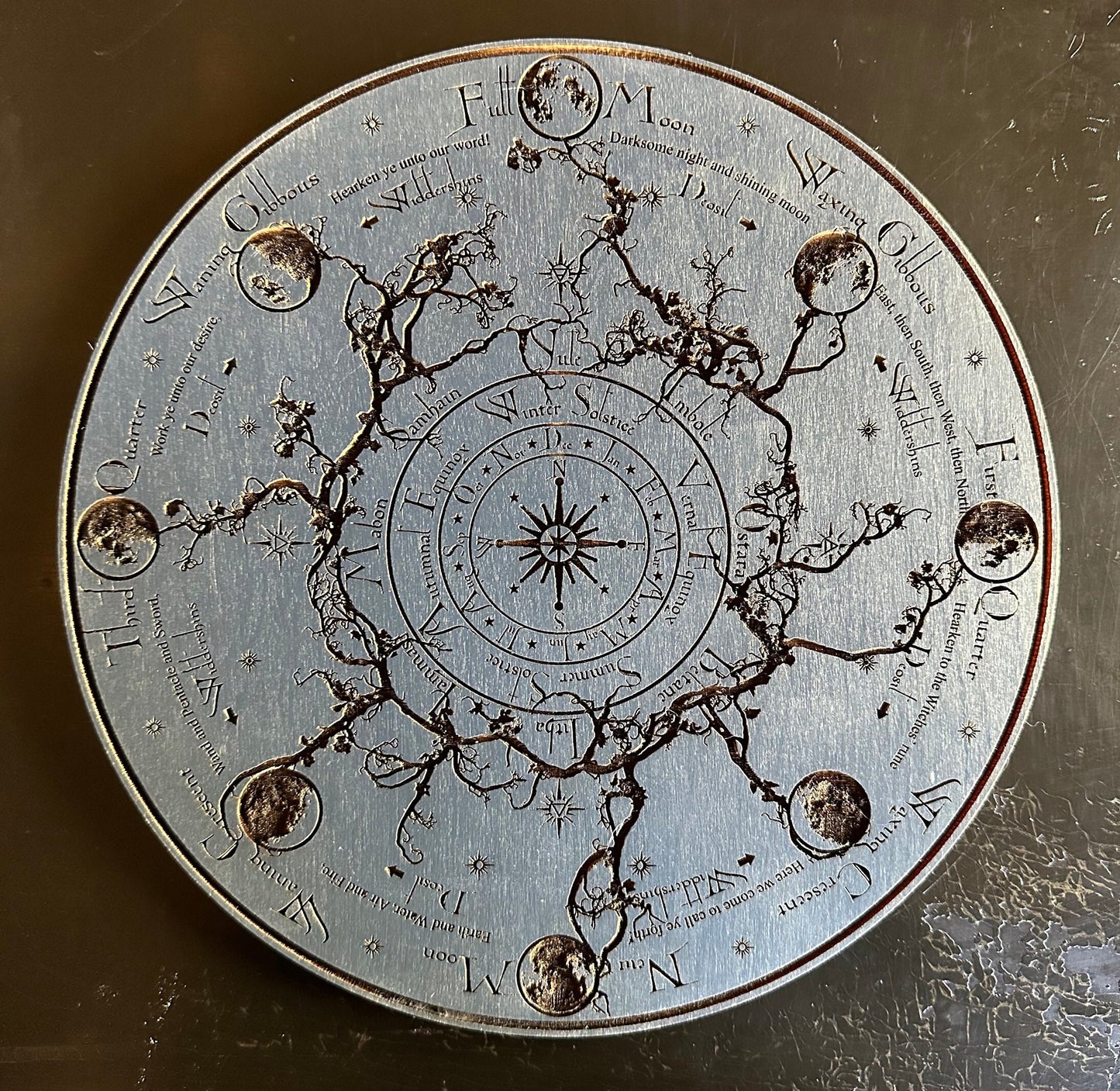 Wheel of the Year engraved and hand finished altar tile with Lunar phases and incantation (Celestial blue).