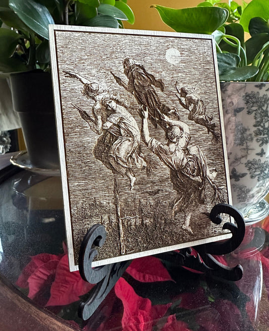 Witches flying engraved plaque.