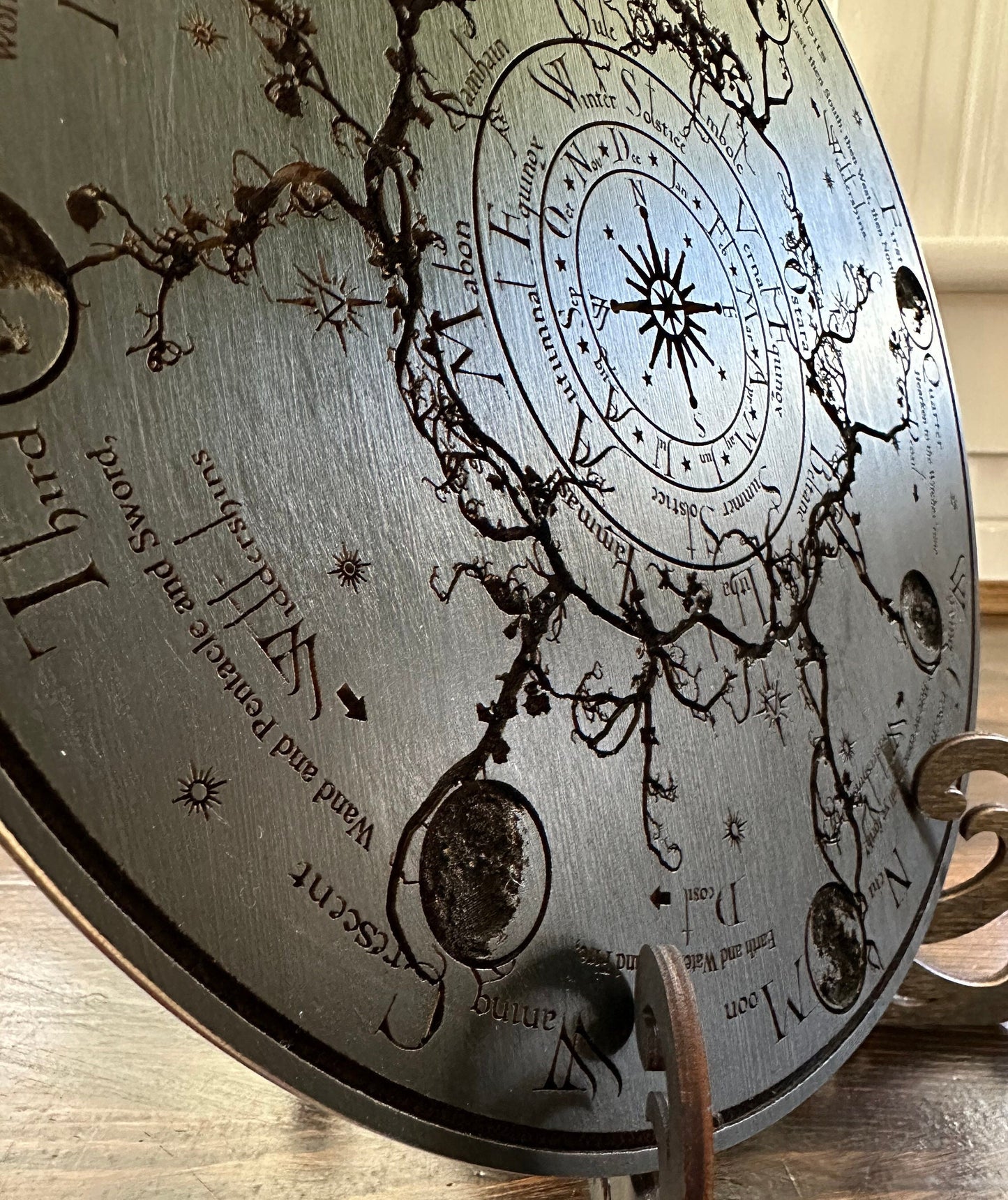 Wheel of the Year engraved and hand finished altar tile with Lunar phases and incantation (Black).