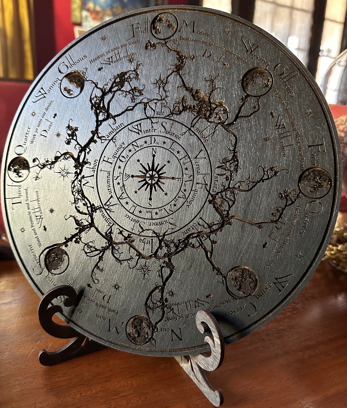 Wheel of the Year engraved and hand finished altar tile with Lunar phases and incantation (Black).