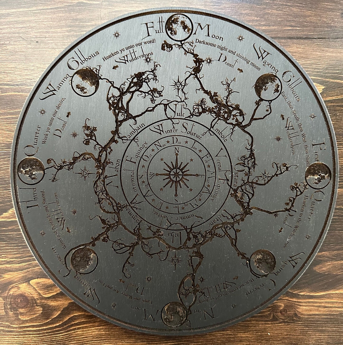 Wheel of the Year engraved and hand finished altar tile with Lunar phases and incantation (Black).