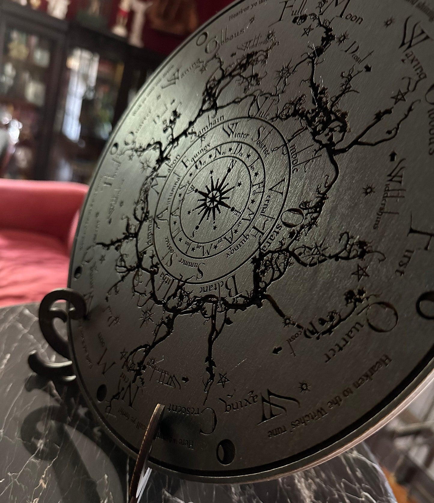 Wheel of the Year engraved and hand finished altar tile with Lunar phases and incantation (Black).