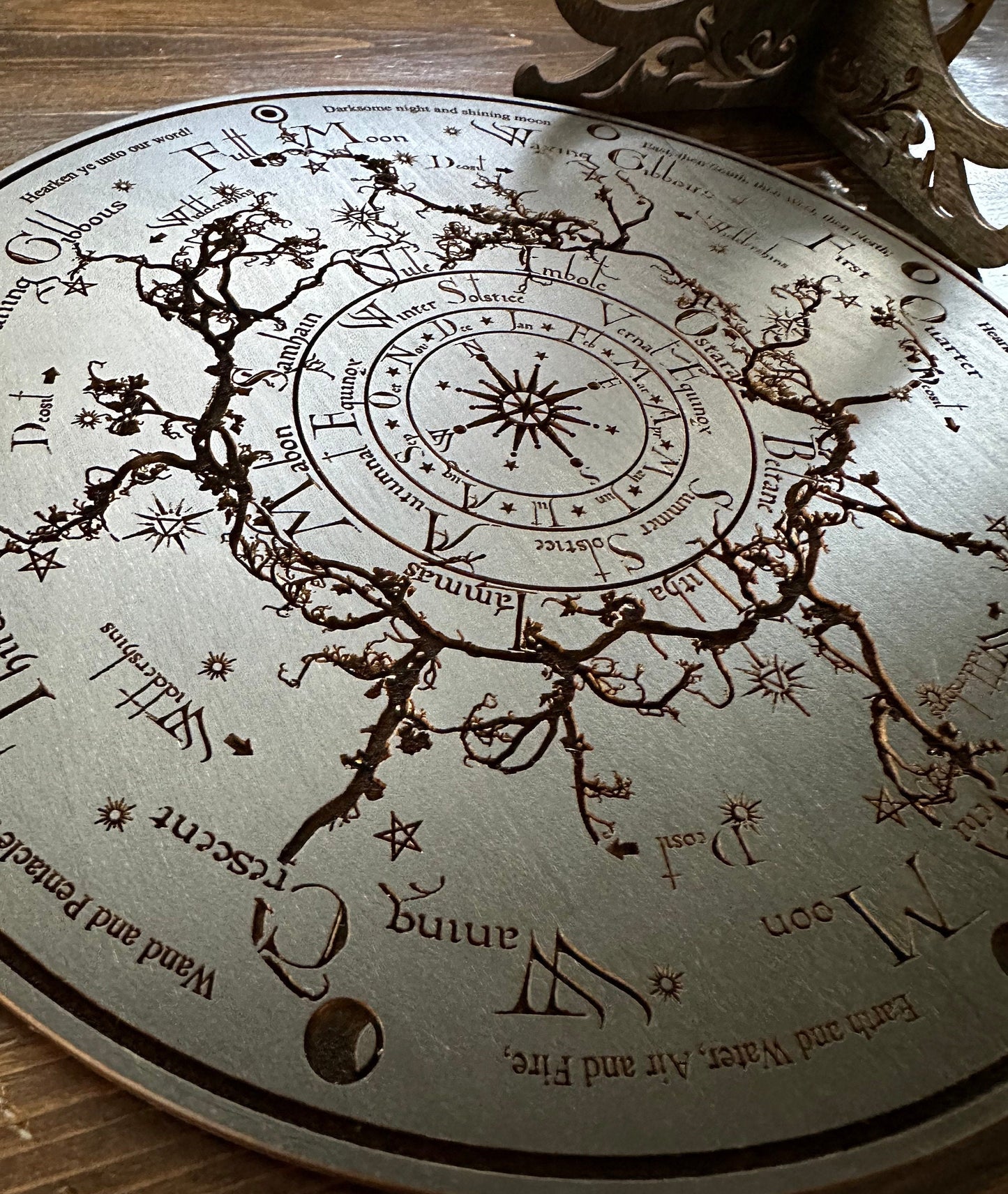 Wheel of the Year engraved and hand finished altar tile with Lunar phases and incantation (Black).