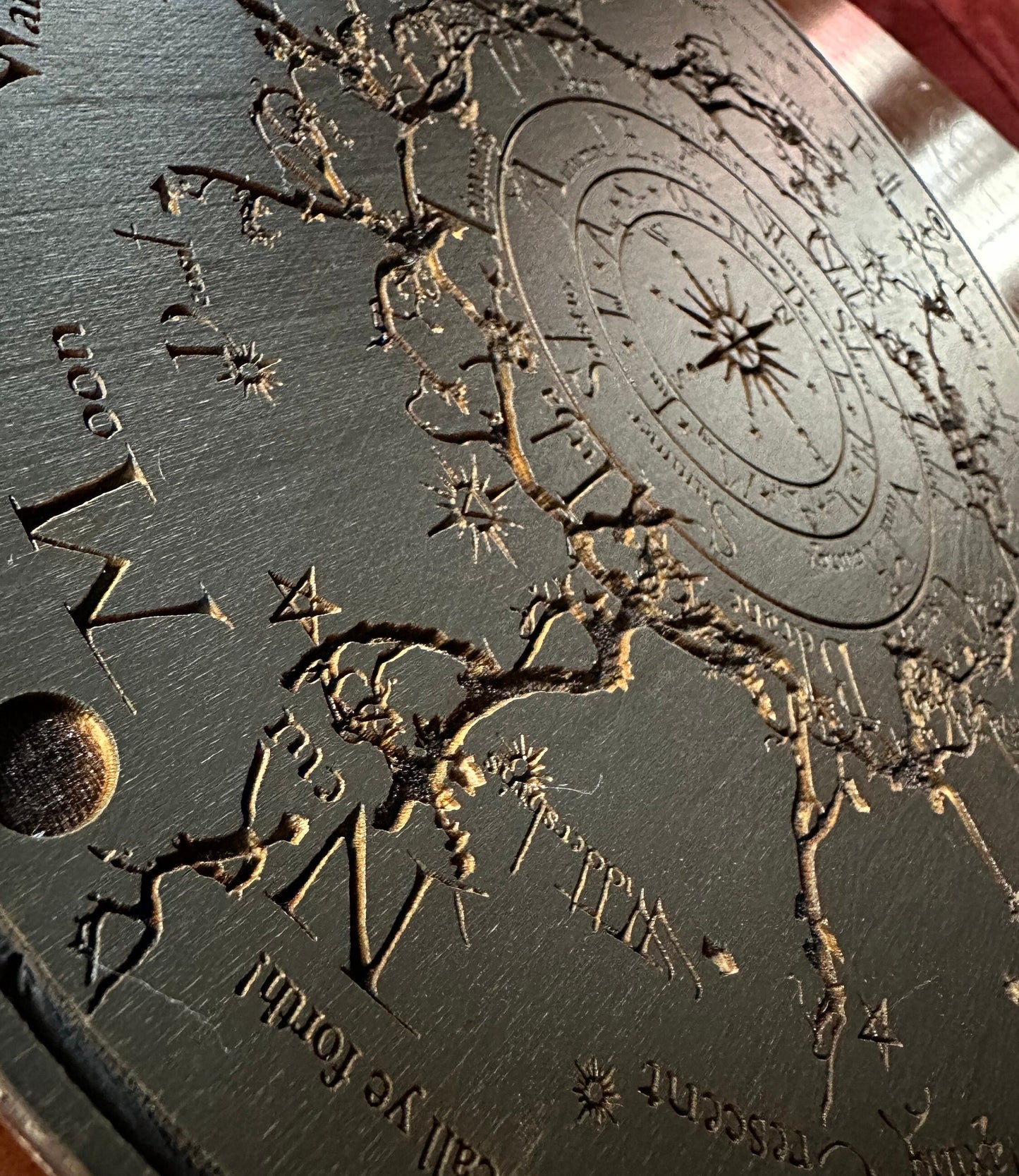 Wheel of the Year engraved and hand finished altar tile with Lunar phases and incantation (Black).