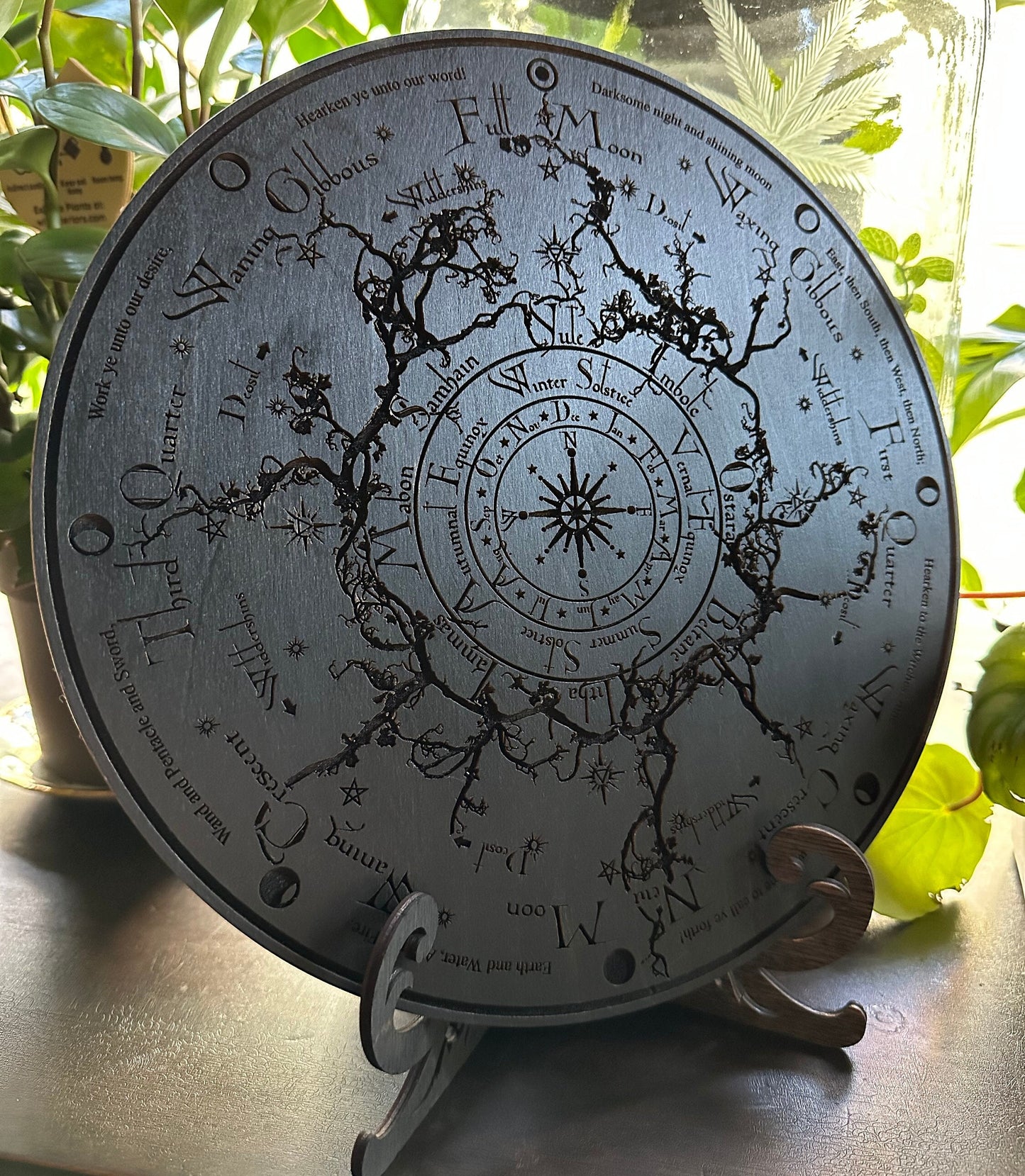 Wheel of the Year engraved and hand finished altar tile with Lunar phases and incantation (Black).