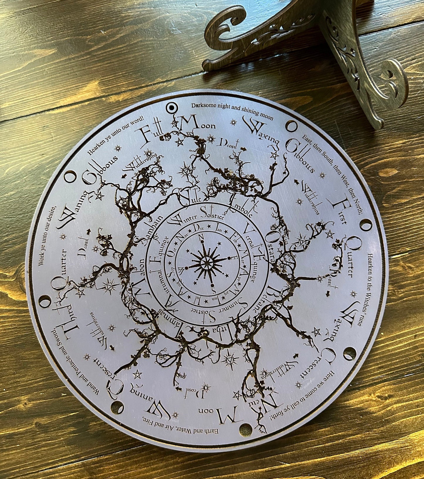 Wheel of the Year engraved and hand finished altar tile with Lunar phases and incantation (Amethyst).