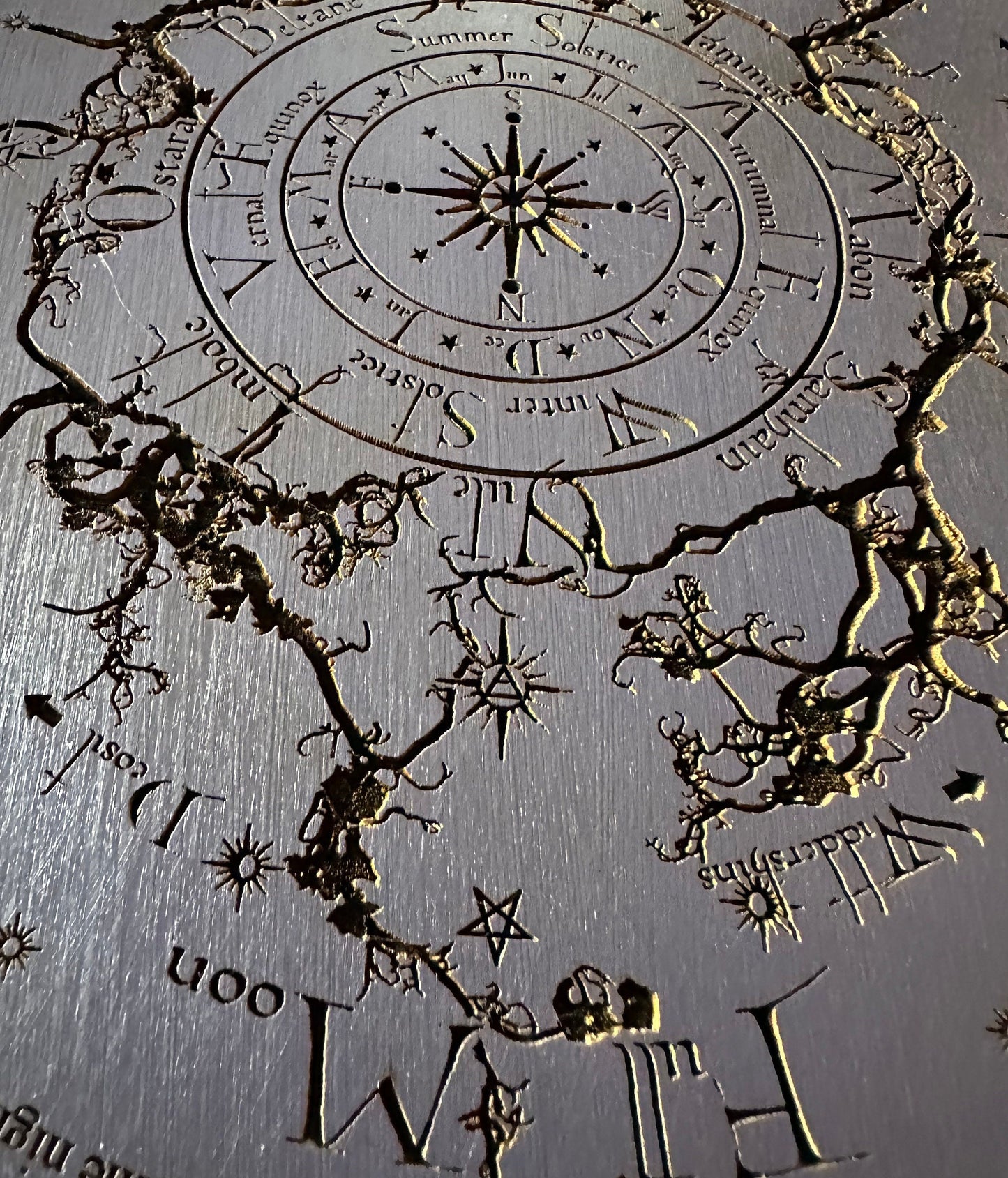 Wheel of the Year engraved and hand finished altar tile with Lunar phases and incantation (Amethyst).