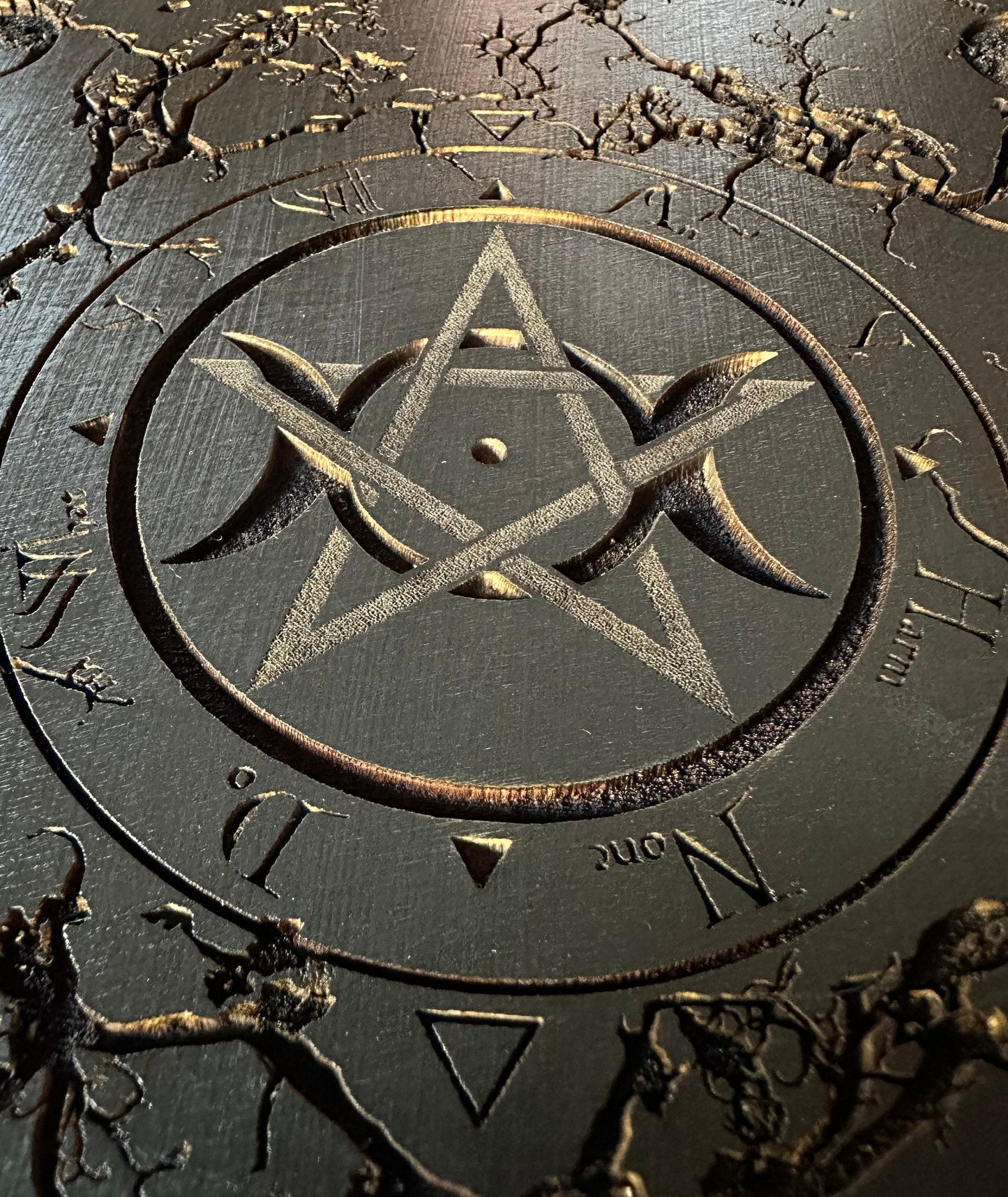 Triple Goddess engraved altar tile, hand finished with Wiccan Rede, Lunar phases and incantation (Black).