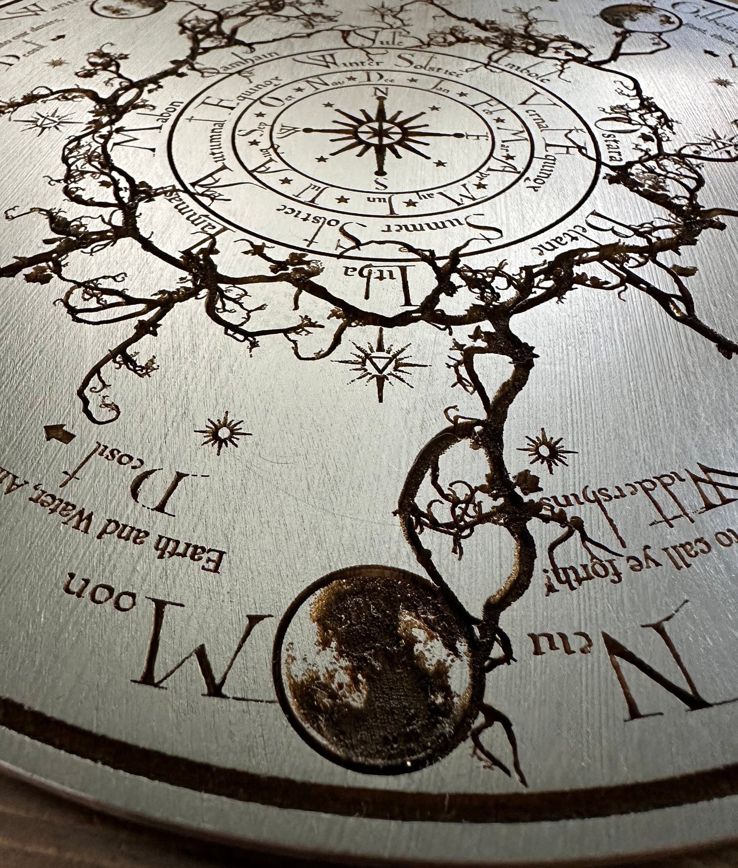 Wheel of the Year engraved and hand finished altar tile with Lunar phases and incantation (Black).