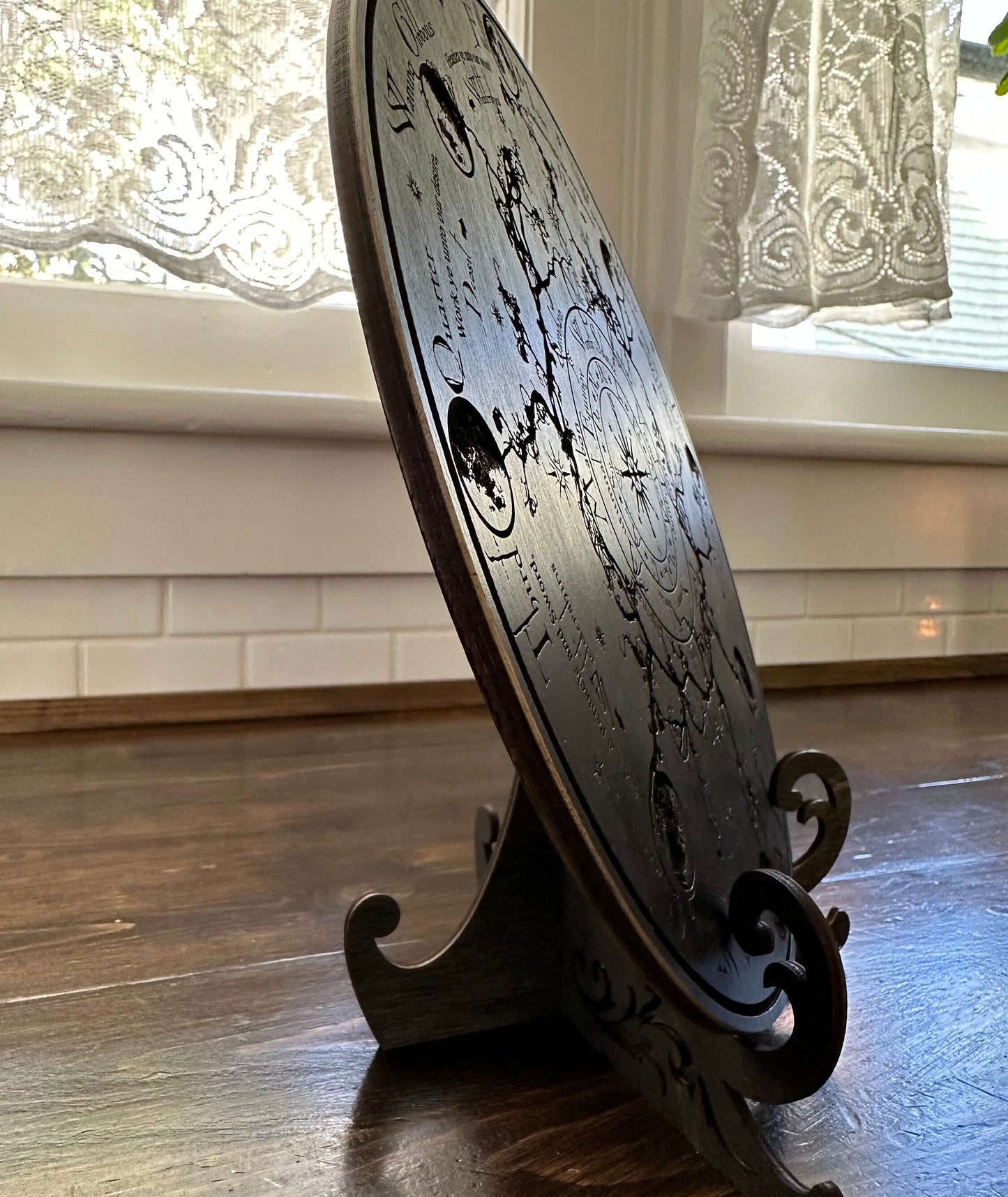 Wheel of the Year engraved and hand finished altar tile with Lunar phases and incantation (Black).