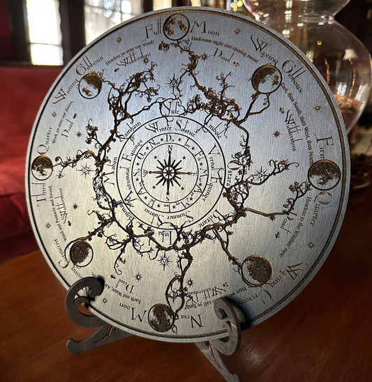 Wheel of the Year engraved and hand finished altar tile with Lunar phases and incantation (Black).